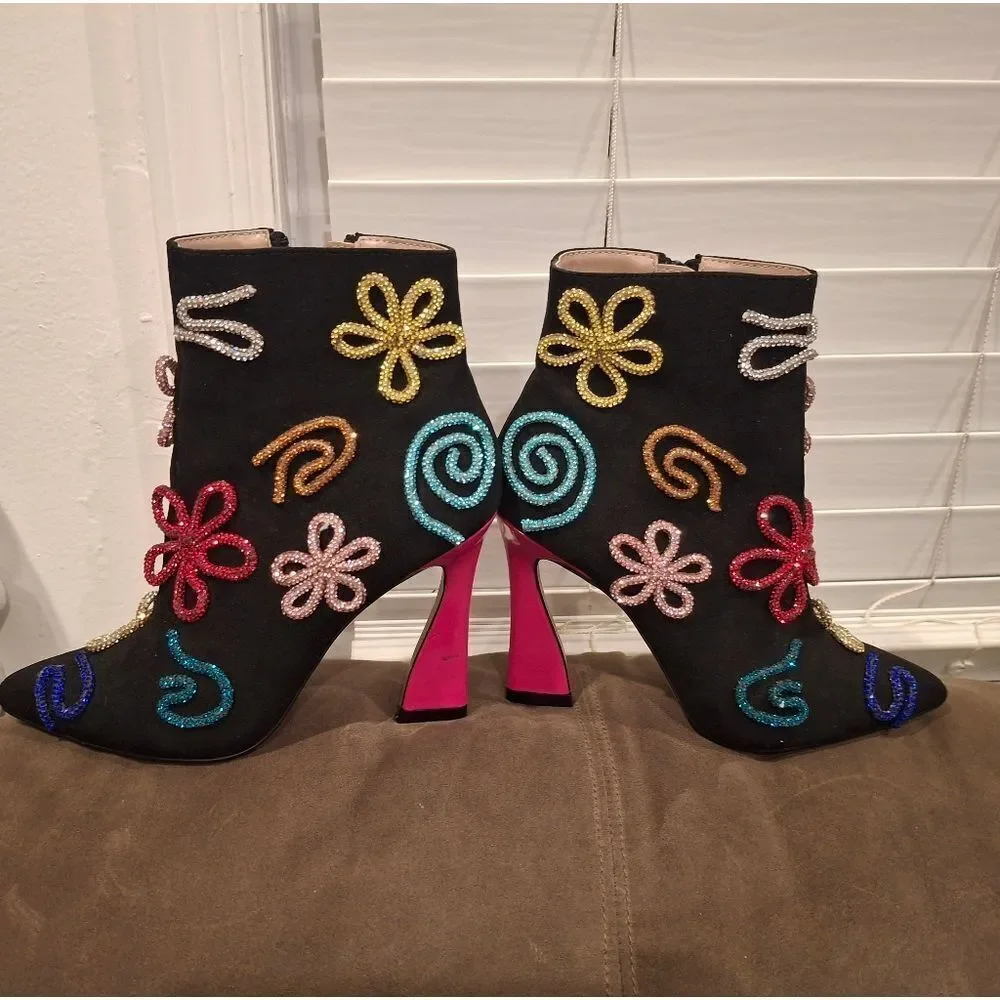 Betsey Johnson Black Ankle Boots with Multicolor Embellishments